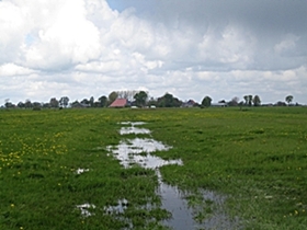 Wolkenlucht met op de achtergrond de boerderijen van Oosterhof en de Grûpstal